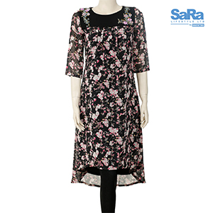 SaRa Ladies Ethnic Mid Length Kurtis (NWEKM09A-BLACK FLORAL PRINT)