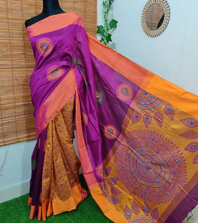 Dhupian Silk Block and Embrodary With Dollar Work Saree For Woman