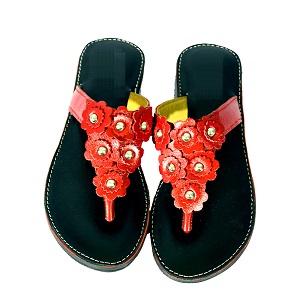 Leather Casual Flat Sandal For Women Red and Black