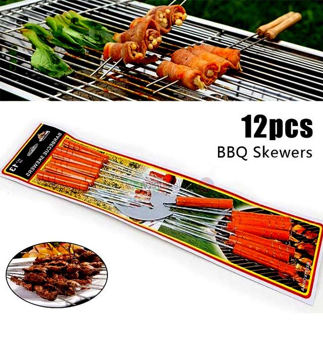 12 Pcs BBQ Stick - Woden and Silver