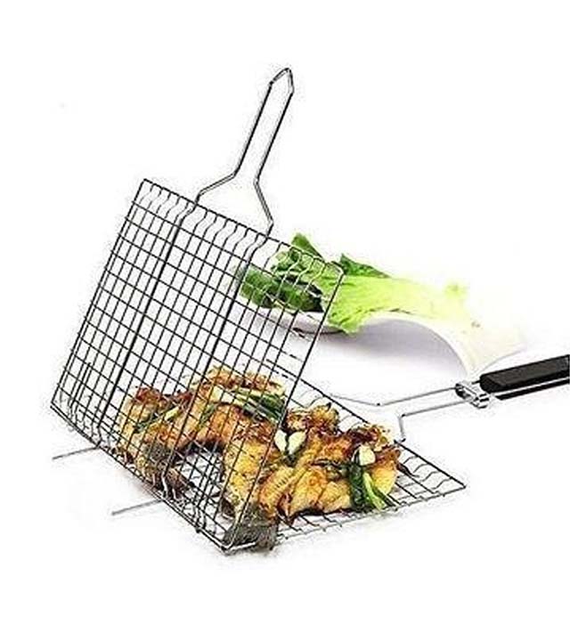 Strong and durable variety types bbq grill machine stainless steel handle type Fish Basket Holder Wooden Handle Rack Grilled Clip Net BBQ Helper
